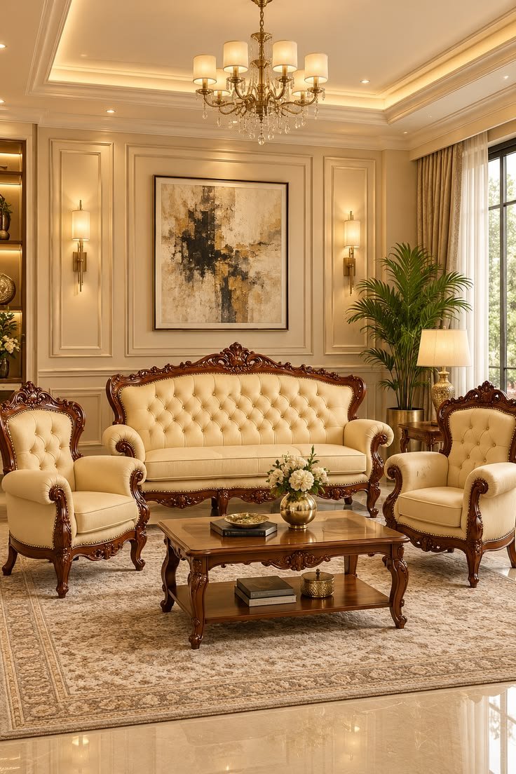 Walnut brown PU leather chesterfield maharaja 3+1+1 sofa set with hand carving center table